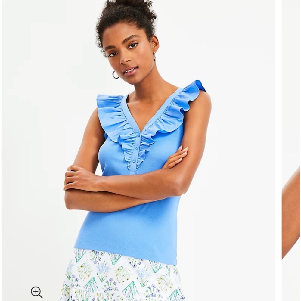 LOFT NWT‎ Ruffle Mixed Media V-Neck Top - Ultramarine Blue
